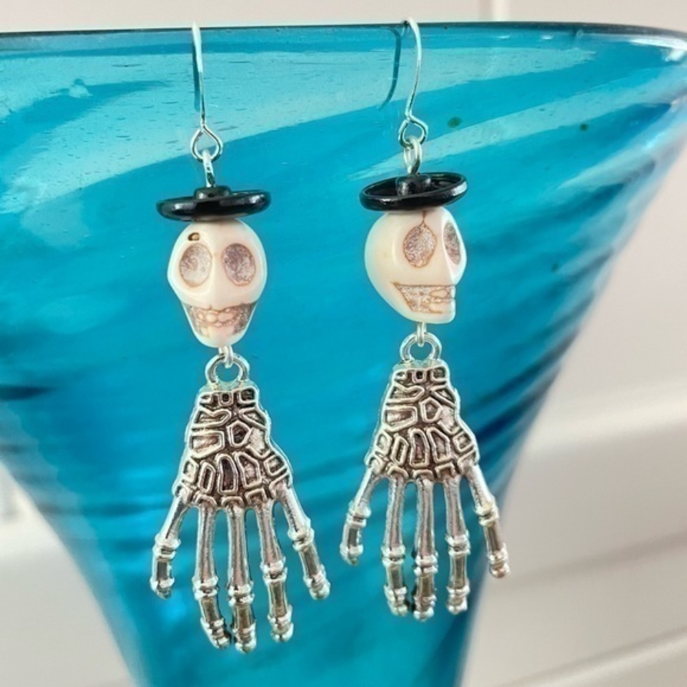 2/$29 Handmade Skeleton Hand White Skull Statement Earrings 3” Long Punk